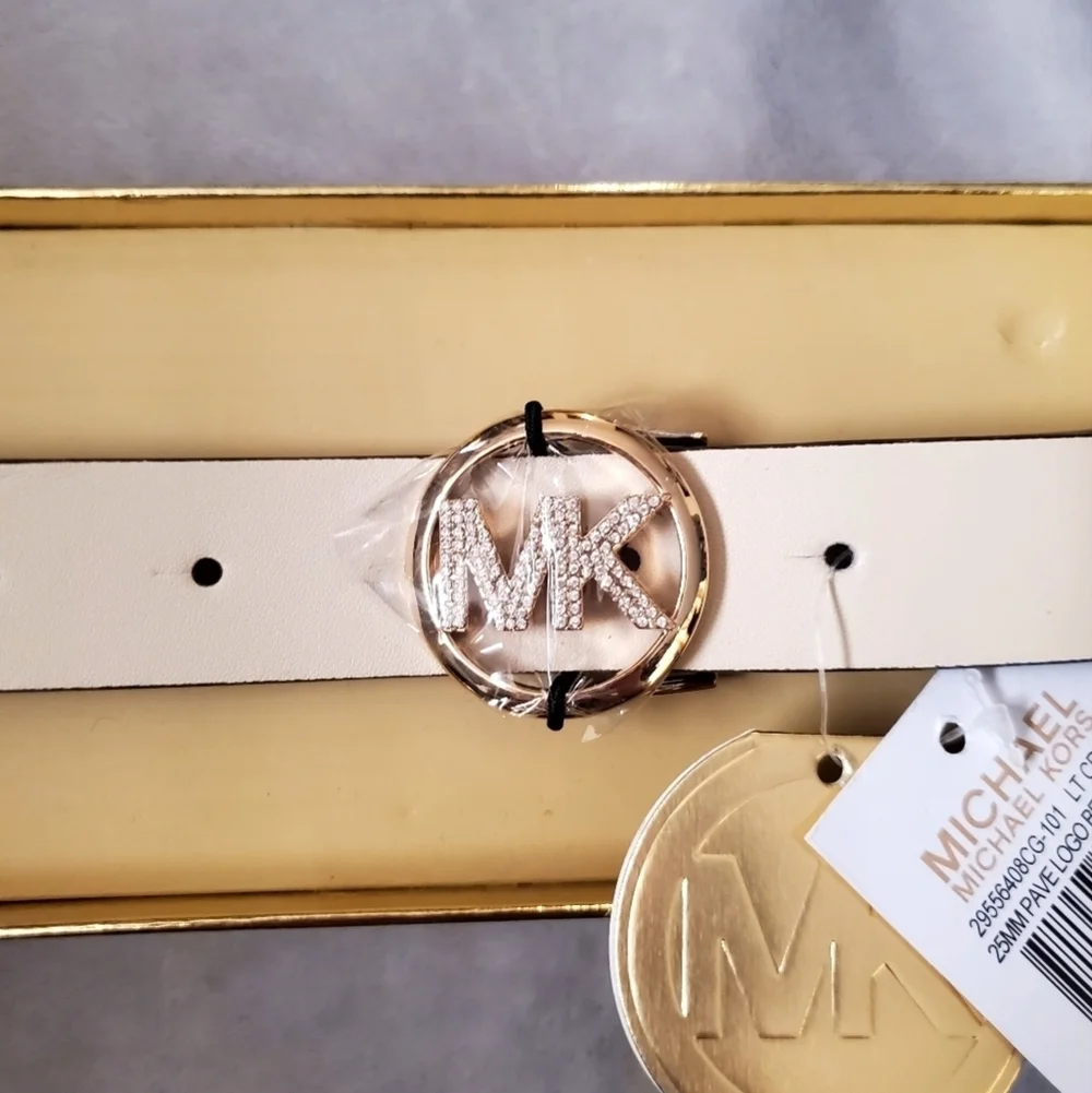 Michael Kors White Leather Belt Gold Hardwear Gift Box Size L/XL NWT